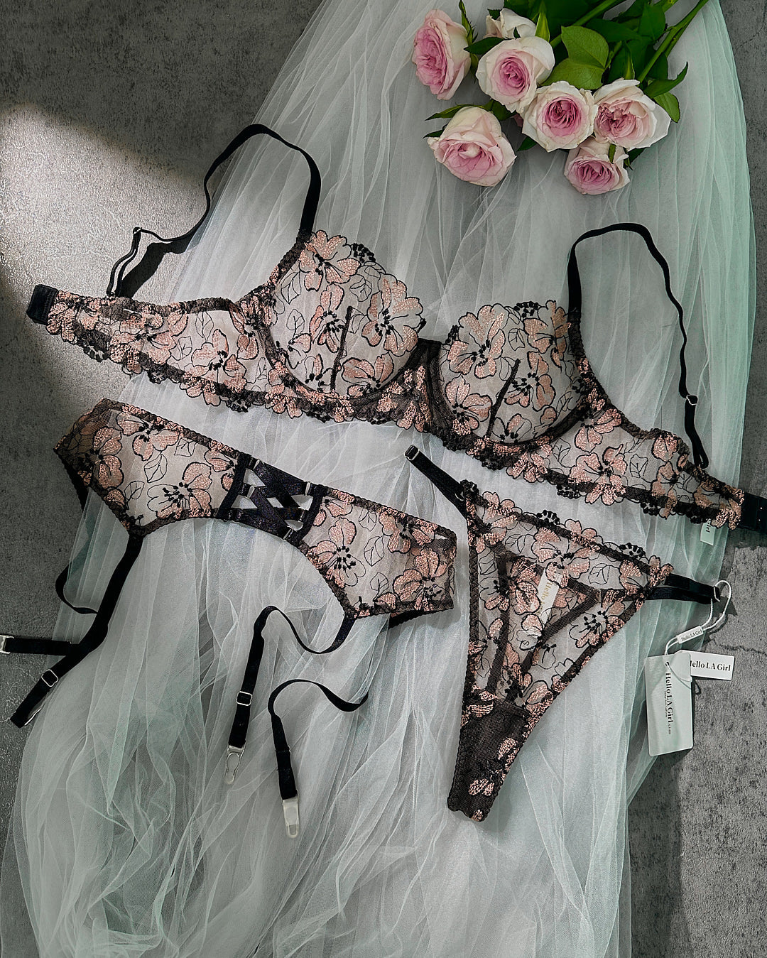 Black& Dustyrose Flowers  Lingerie Set From Hello.LA.Girl