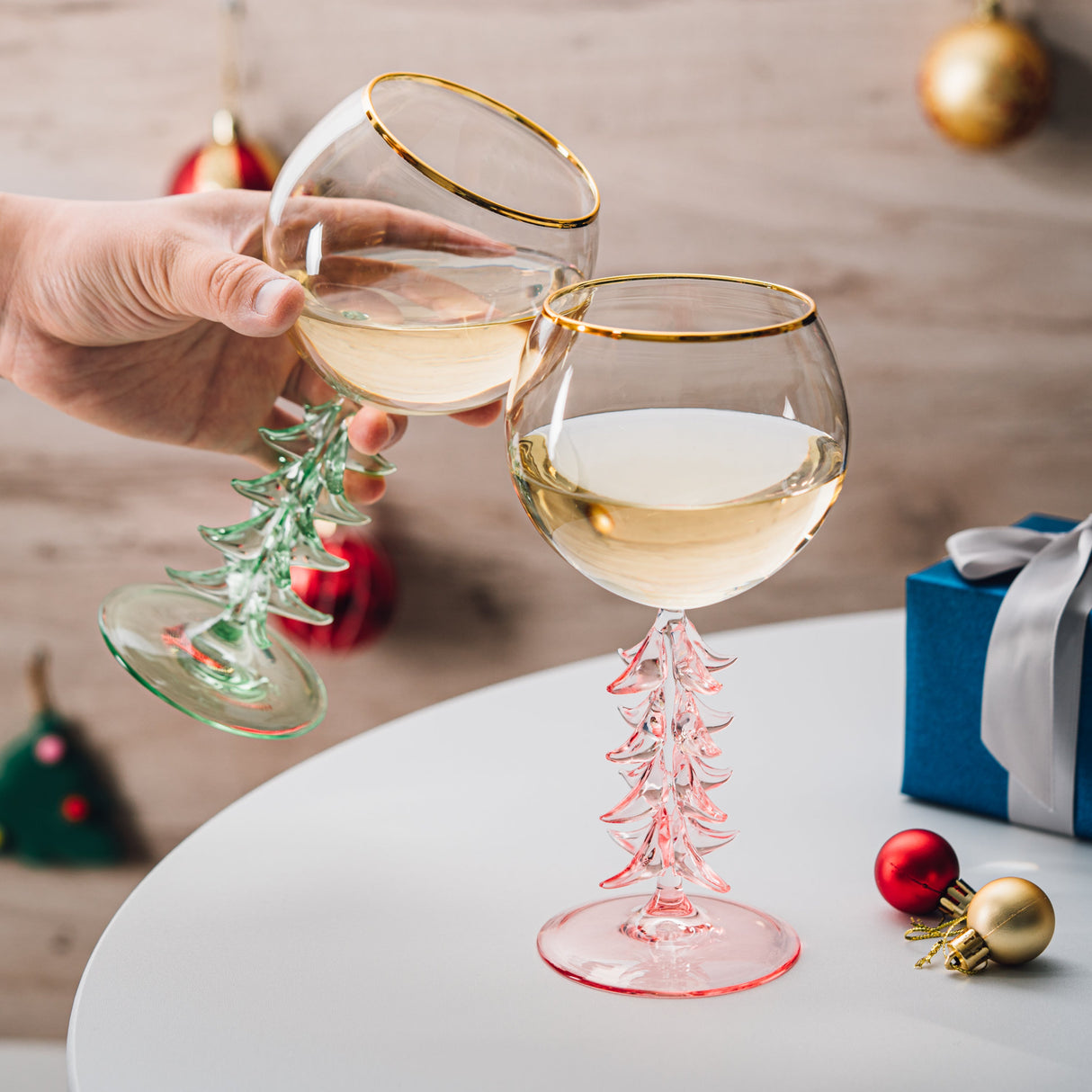 Crystal Christmas Holiday Tree Stemmed Wine Glass - Pink & Green - 12oz Goblet Bordeaux Gold Rim Colored Glassware, Cheerful Party Festive New Years Cheer for Holiday Gift Xmas & Winter Season from The Wine Savant