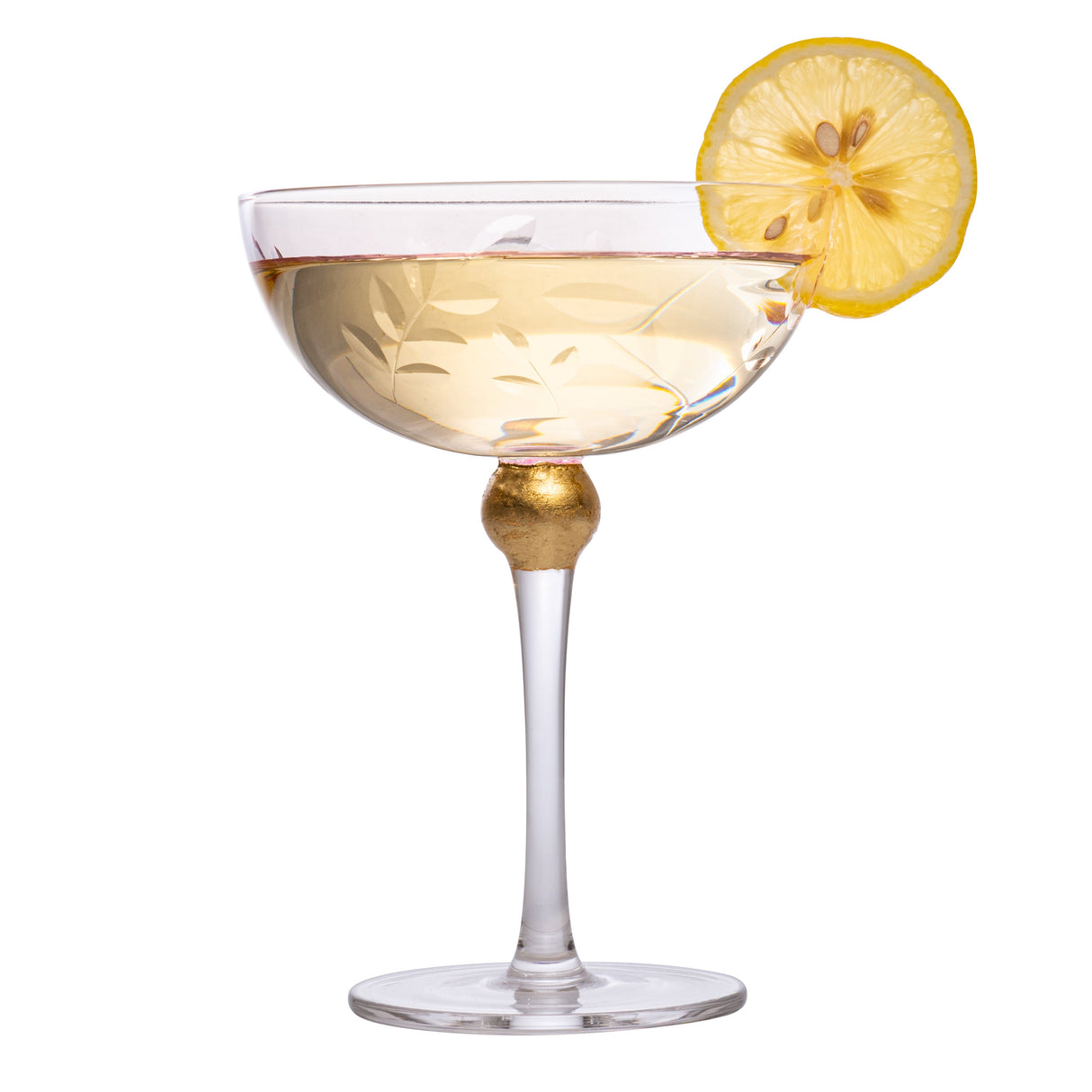 Colored Coupe Art Deco Glasses, Gold | Set of 4 | 8 oz Classic Cocktail Glassware for Champagne, Martini, Manhattan, Sidecar, Crystal Speakeasy Style Goblets Stems (Pink) from The Wine Savant