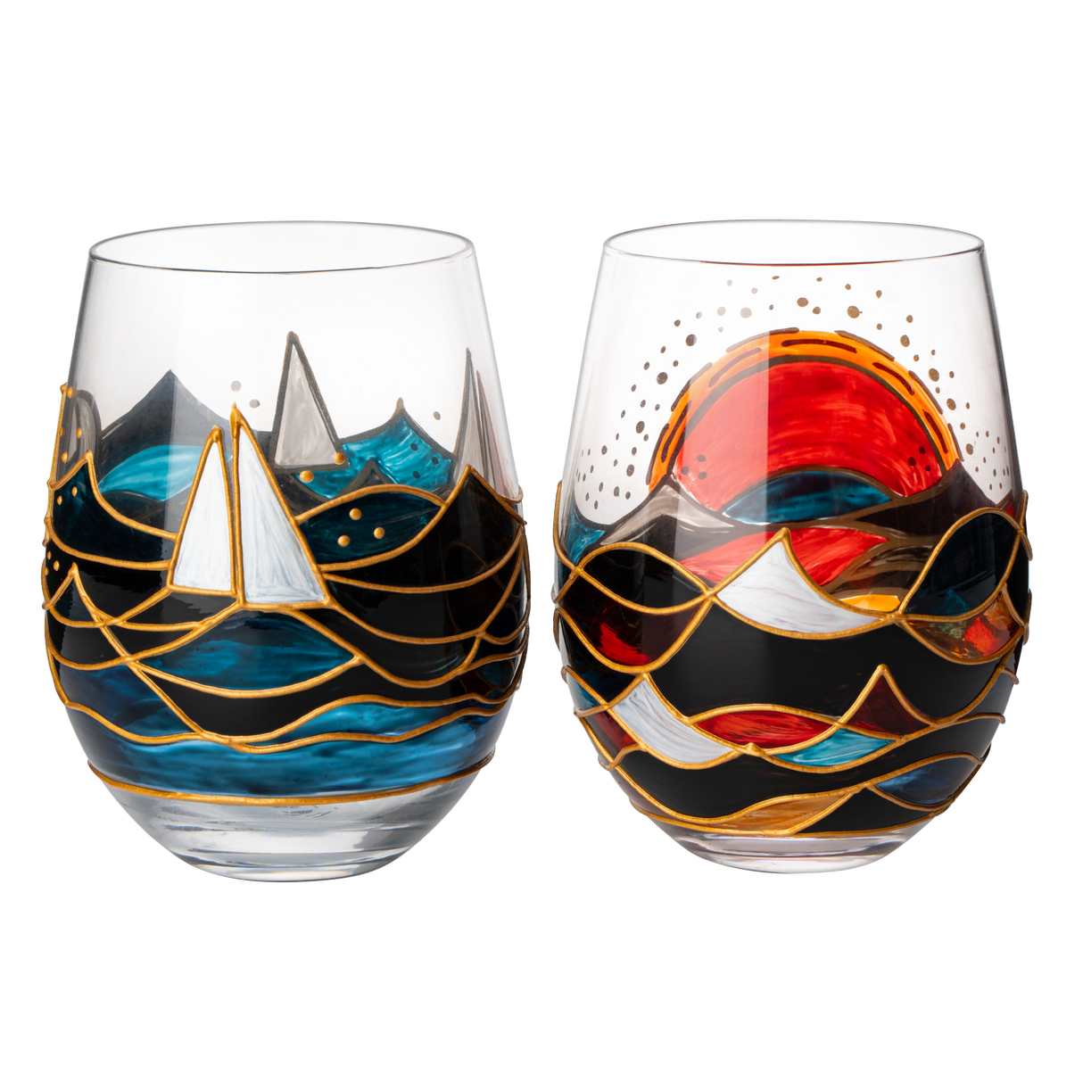 Artisanal Hand Painted Sunrise Glasses, Stemless Set of 2 Wine, Water & Whiskey Glasses - The Wine Savant - Crystal Tumblers - Gift Idea for Her, Him, Birthday, Housewarming - Large Goblets (18.5 OZ) from The Wine Savant