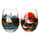 Artisanal Hand Painted Sunrise Glasses, Stemless Set of 2 Wine, Water & Whiskey Glasses - The Wine Savant - Crystal Tumblers - Gift Idea for Her, Him, Birthday, Housewarming - Large Goblets (18.5 OZ) from The Wine Savant