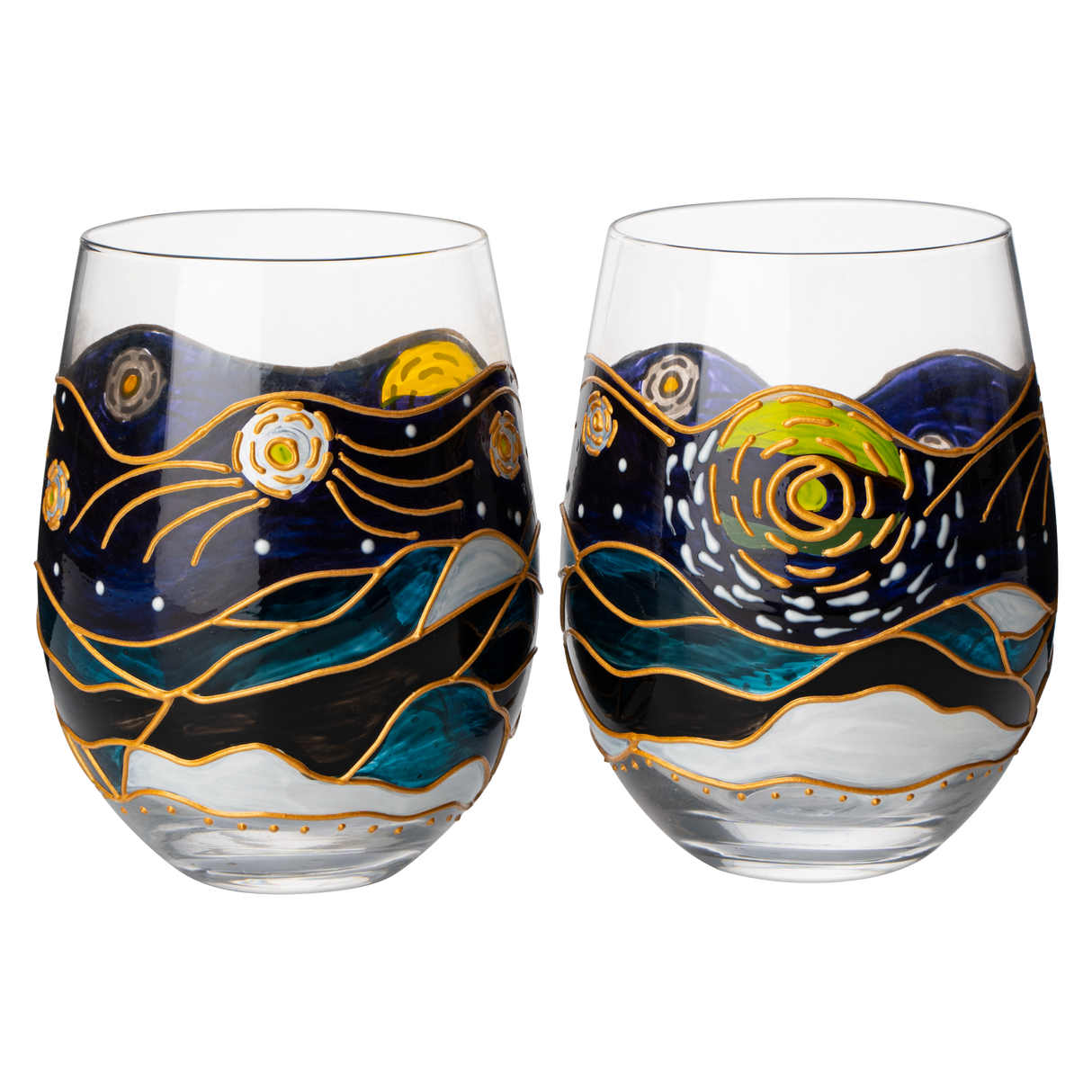 Vincent Van Gogh Wine Glasses Artisanal Hand Painted Stemless Set of 2 - The Wine Savant - 2 Set of Tumblers - Artistic Gift Idea for Her, Him, Birthday, Housewarming - Extra Large Goblets (18.5 OZ) from The Wine Savant