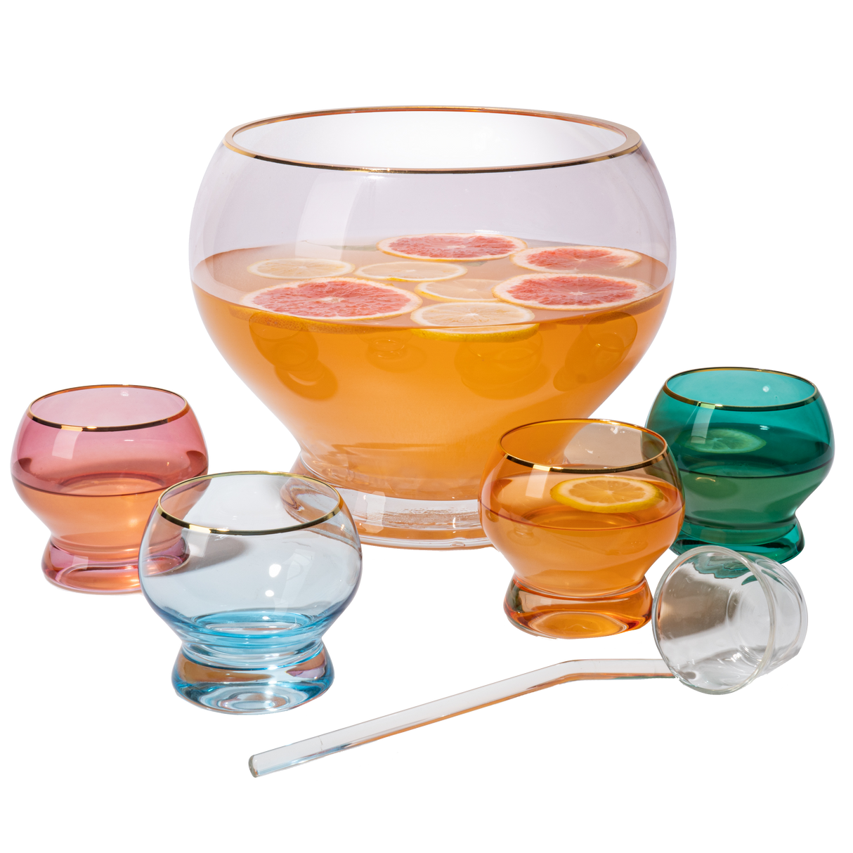 Colorful 1.7 Gallon Punch Bowl with 4 10oz Glasses Set with Ladle Gift For Mothers Day, Her, Wife, Mom, Friend - Colored Set Margarita, Cocktails, Juice, Punch Drink bowl for Parties, Weddings from The Wine Savant