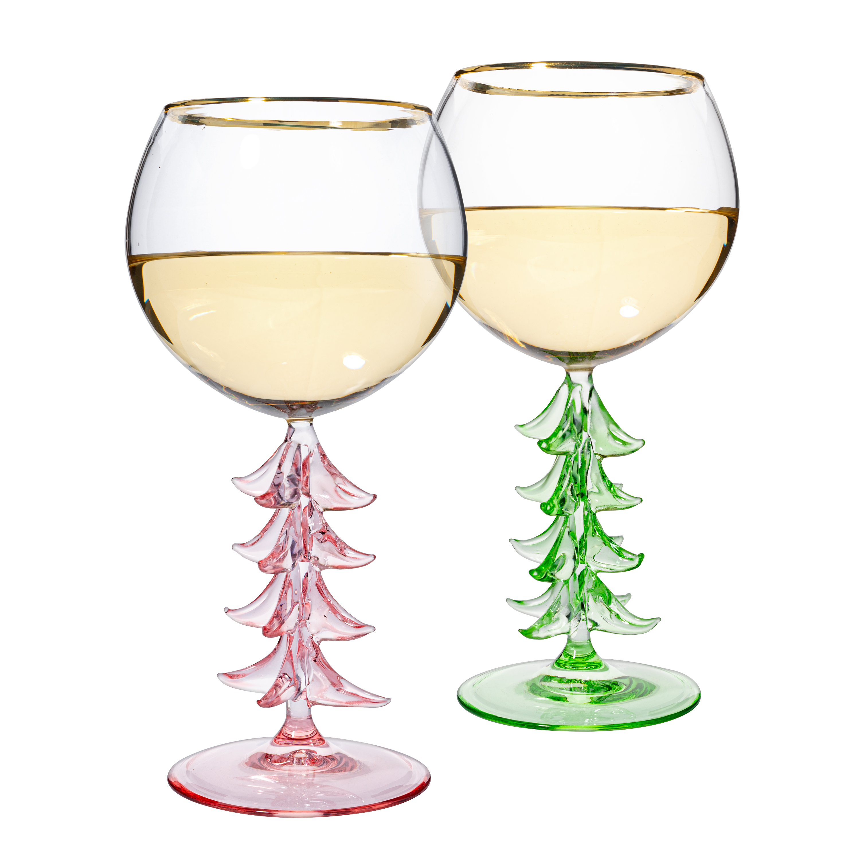 Crystal Christmas Holiday Tree Stemmed Wine Glass - Pink & Green - 12oz Goblet Bordeaux Gold Rim Colored Glassware, Cheerful Party Festive New Years Cheer for Holiday Gift Xmas & Winter Season from The Wine Savant