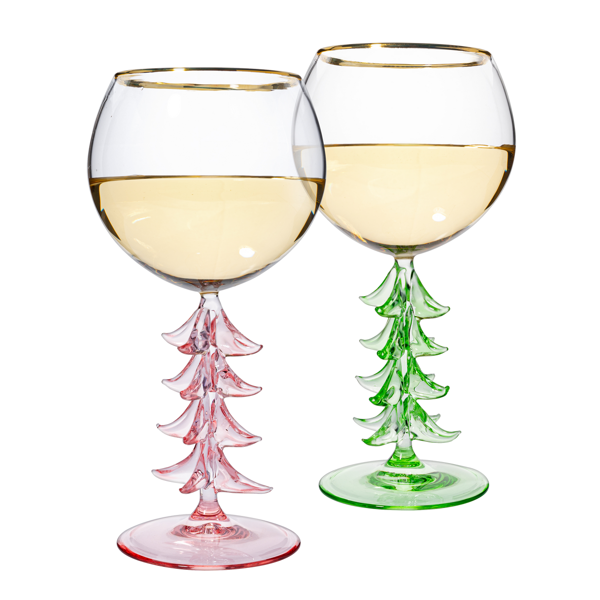 Crystal Christmas Holiday Tree Stemmed Wine Glass - Pink & Green - 12oz Goblet Bordeaux Gold Rim Colored Glassware, Cheerful Party Festive New Years Cheer for Holiday Gift Xmas & Winter Season from The Wine Savant