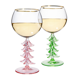 Crystal Christmas Holiday Tree Stemmed Wine Glass - Pink & Green - 12oz Goblet Bordeaux Gold Rim Colored Glassware, Cheerful Party Festive New Years Cheer for Holiday Gift Xmas & Winter Season from The Wine Savant