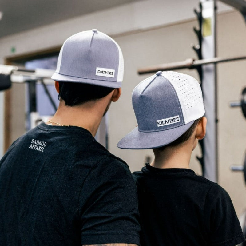 Premium Active 5-Panel DadVibe Hat (Heather Grey/White) from DadBod Apparel