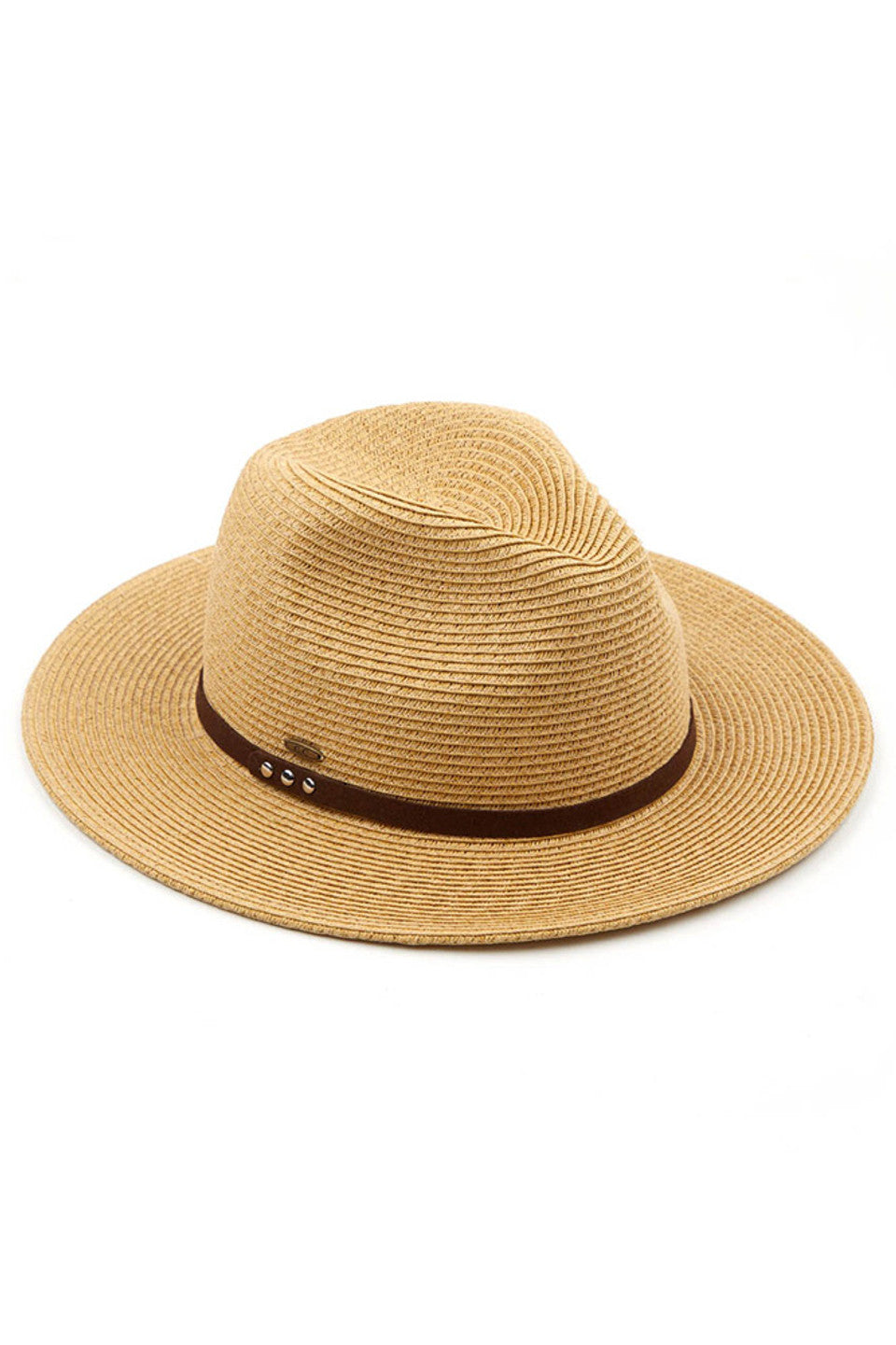 C.C SUEDE BAND TRIM PANAMA SUN HAT from Madeline Love