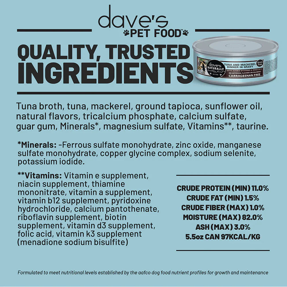 Dave's Naturally Healthy Grain Free Grilled Tuna & Mackerel Dinner In Gravy Wet Cat Food (5.5oz) from The Family Pet