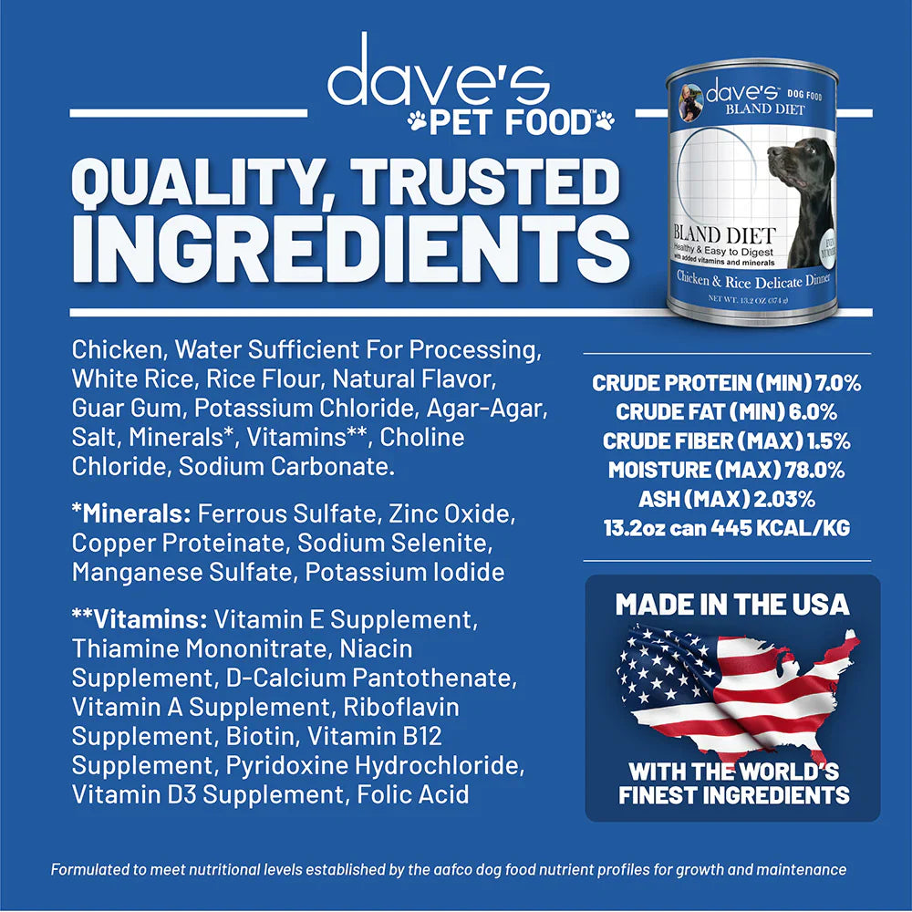 Dave's Restricted Diet Bland for Dogs – Chicken and Rice (13.2oz) from The Family Pet