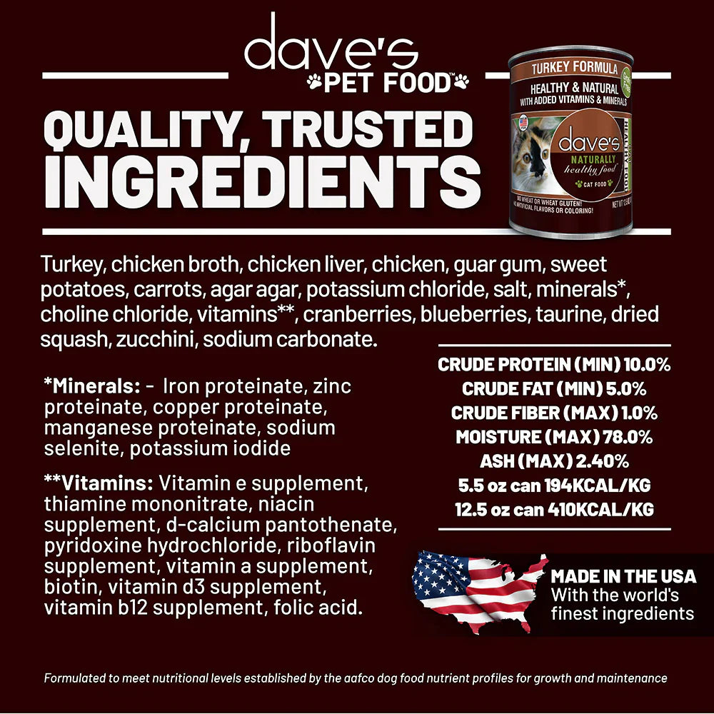 Dave's Naturally Healthy Turkey Dinner Paté Wet Cat Food (12.5oz) from The Family Pet