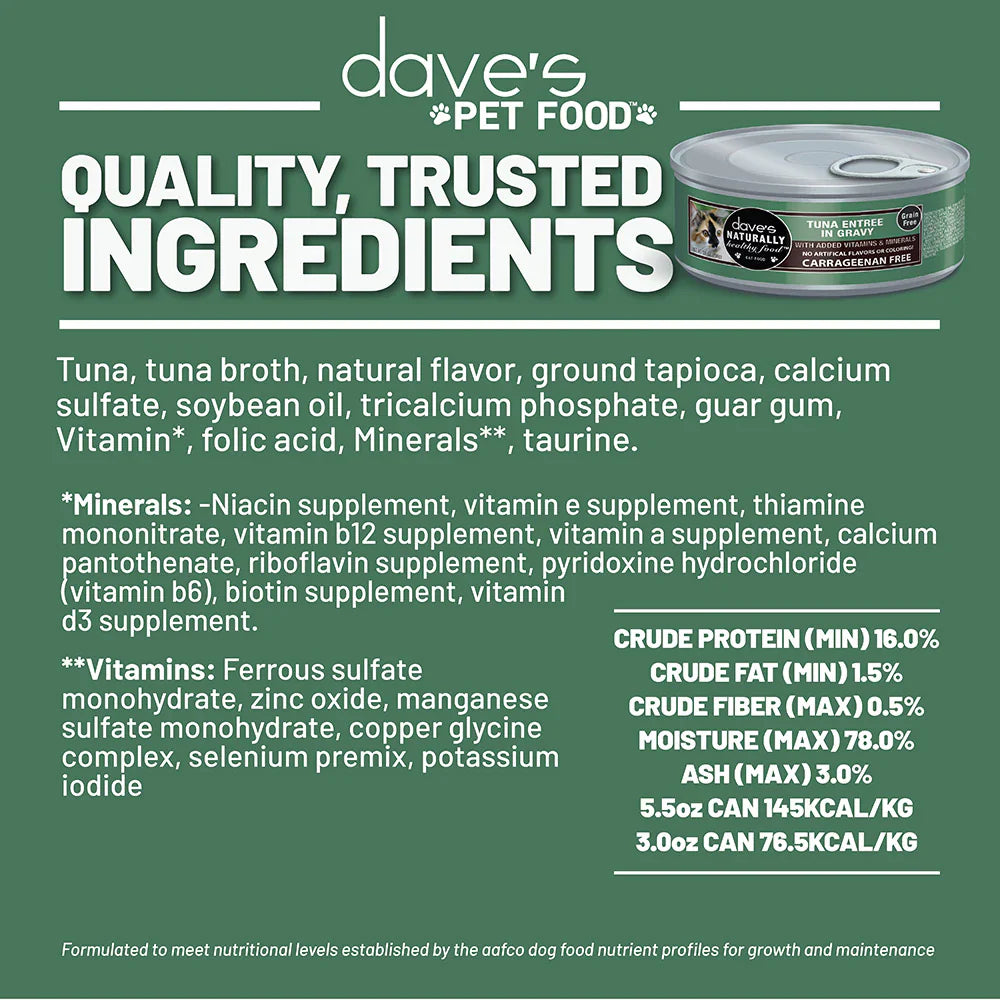 Dave's Naturally Healthy Grain Free Tuna Entrée in Gravy Wet Cat Food (5.5oz) from The Family Pet