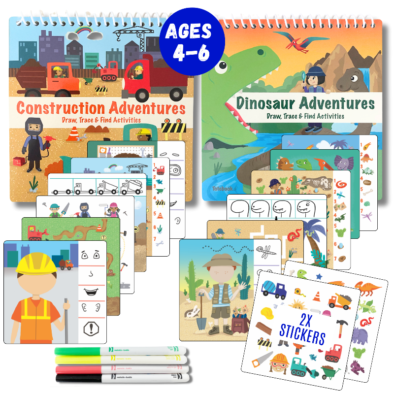 Small 7" Dry Erase Activity Book (incl. 2 Washable Markers & Reusable Stickers) from UnbuckleMe®