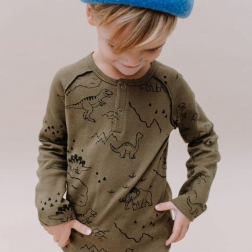 Dino Print Grandad Tee Shirt - Khaki from Manymoons
