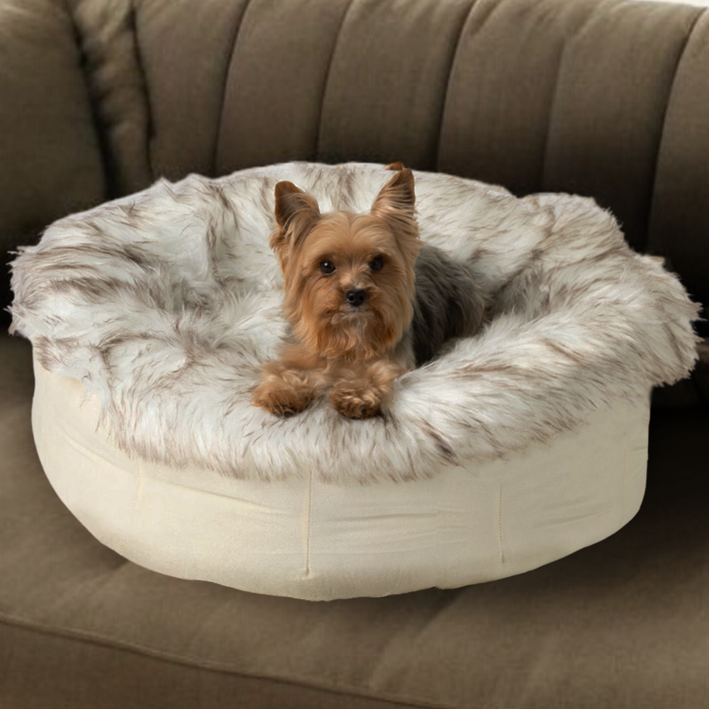 PupPouf™ Faux Fur Donut Dog Bed - White with Brown Accents from Paw.com