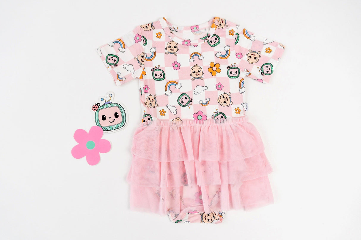 Dream Big Little Co x CoComelon JJ RAINBOW CHECKERS DREAM TUTU SHORT SLEEVE BODYSUIT DRESS from DREAM BIG LITTLE CO
