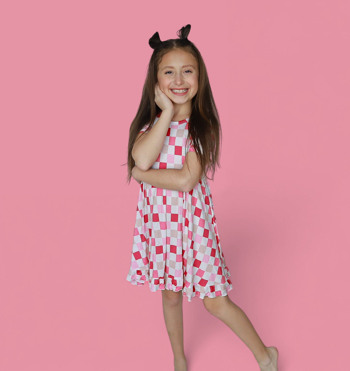 DREAMY PINK CHECKERS DREAM RUFFLE DRESS from DREAM BIG LITTLE CO