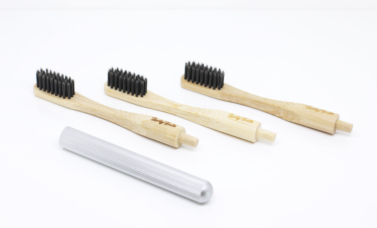 Replaceable Bamboo Toothbrush Aluminum Handle - Soft Charcoal Bristles from Lucky Teeth