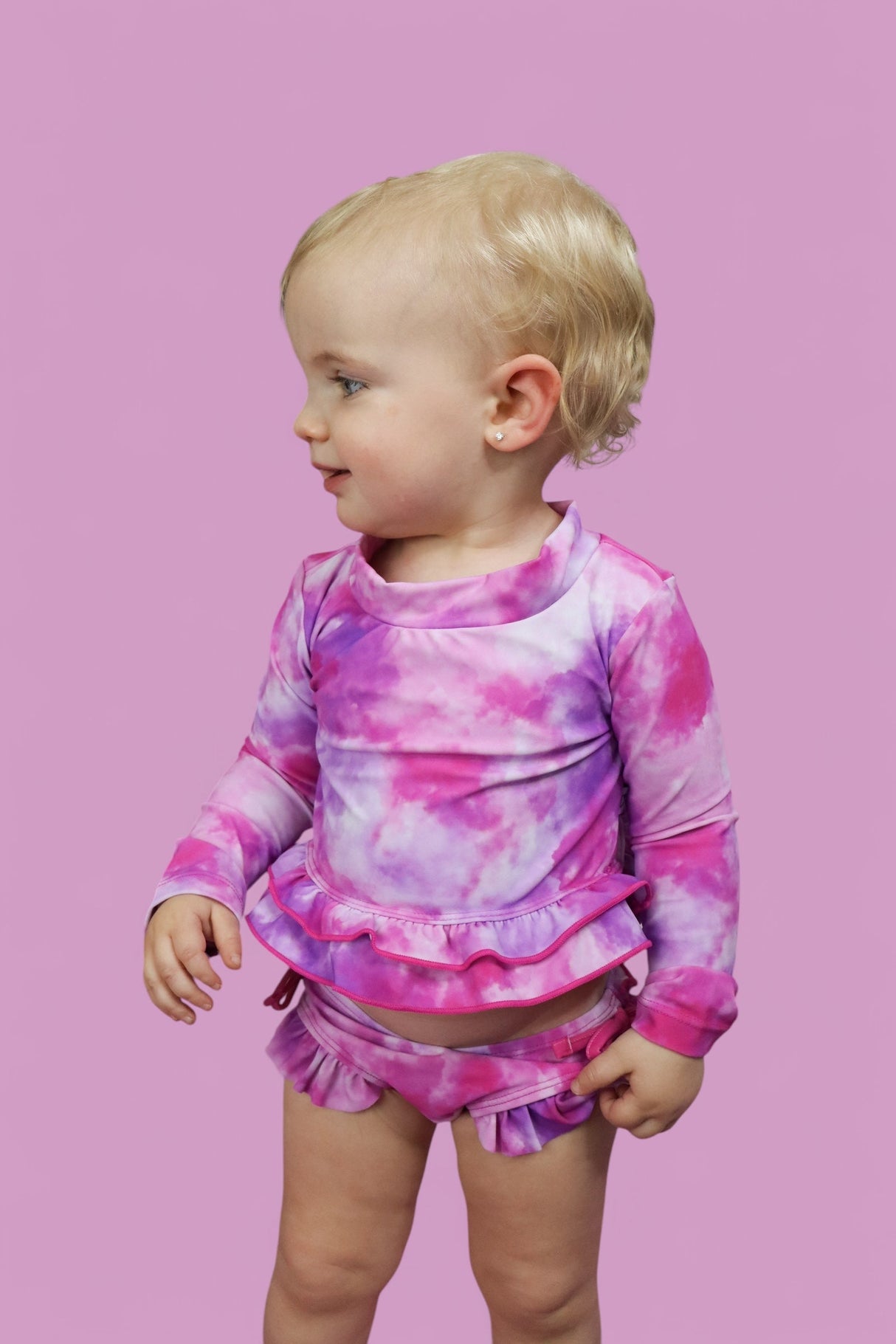 CANDY CLOUDS DREAM 2-PIECE RASH GUARD RUFFLE SWIM SUIT from DREAM BIG LITTLE CO