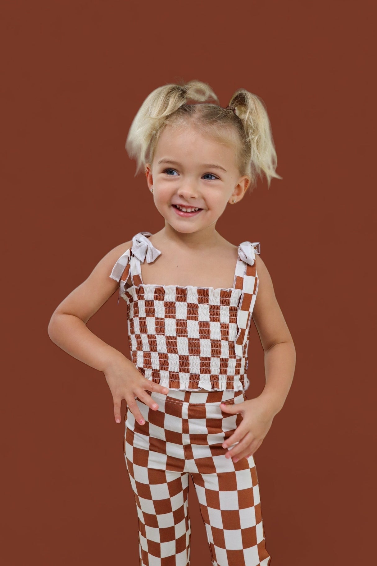 COPPER CHECKERS DREAM SMOCKED FLARE SET from DREAM BIG LITTLE CO