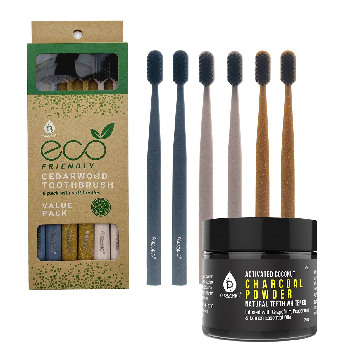 Natural Radiance Combo: Activated Coconut Charcoal Powder Natural Teeth Whitener + 100% Eco-friendly Cedarwood Toothbrushes (6 Pack) from Pursonic