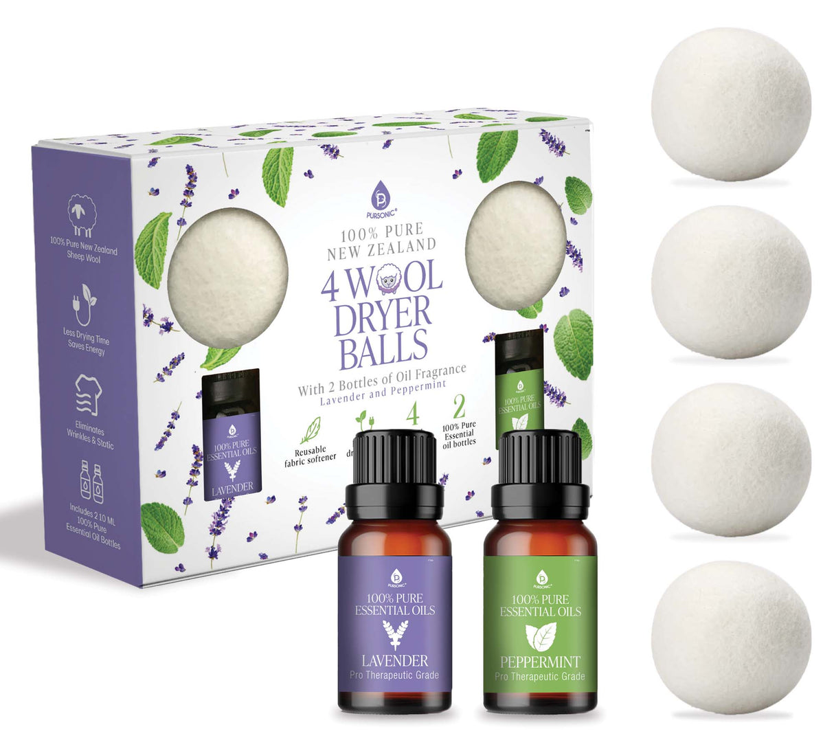 Wool Dryer Balls Bundle - Reusable Laundry Balls Made from Pure New Zealand Wool - Includes Lavender & Peppermint Oils from Pursonic
