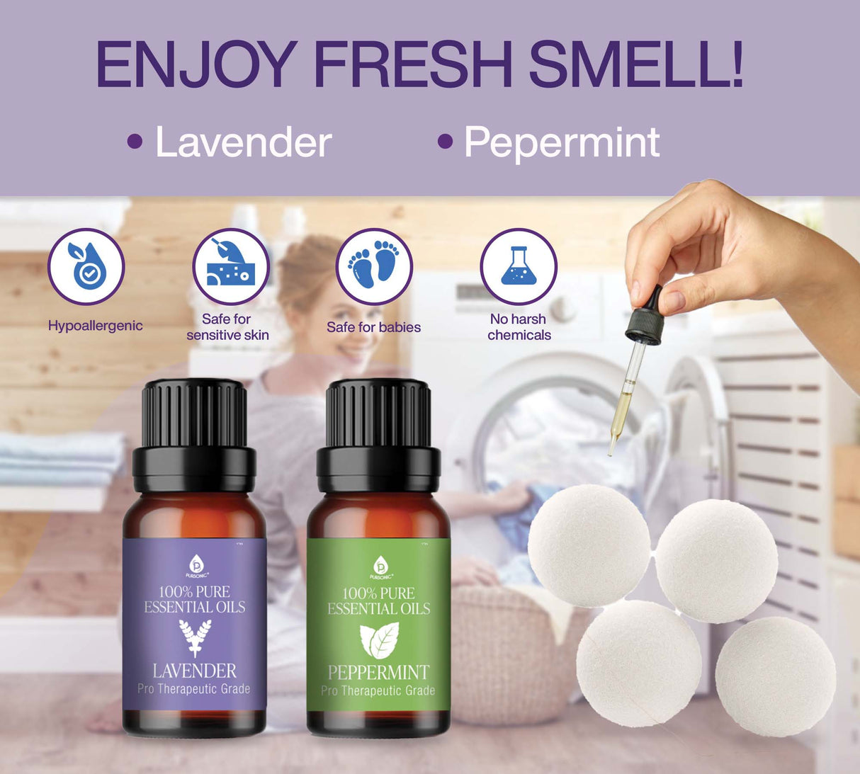 Wool Dryer Balls Bundle - Reusable Laundry Balls Made from Pure New Zealand Wool - Includes Lavender & Peppermint Oils from Pursonic