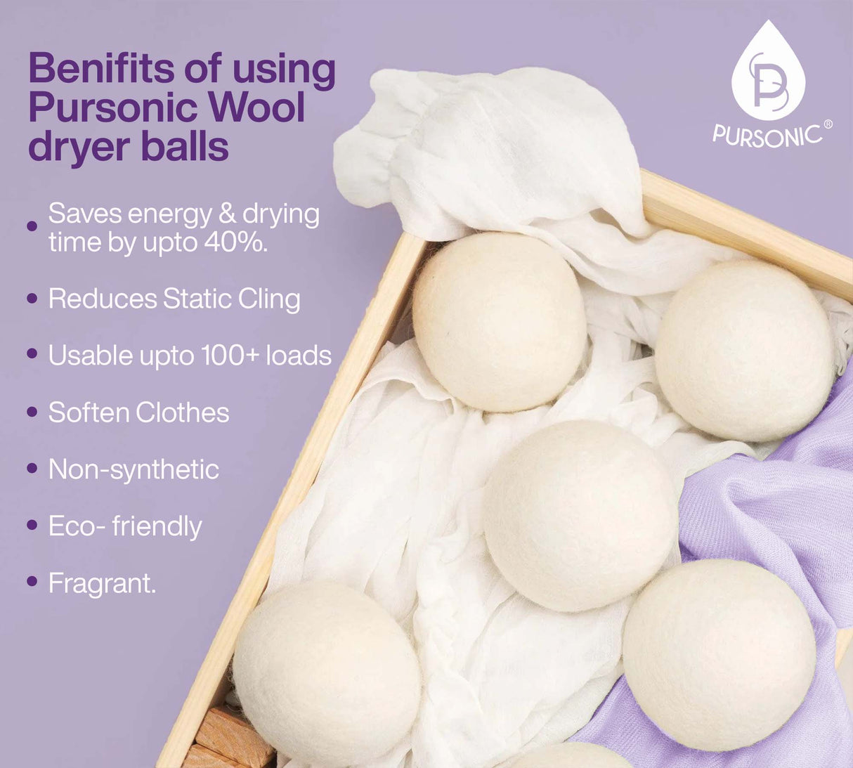Wool Dryer Balls Bundle - Reusable Laundry Balls Made from Pure New Zealand Wool - Includes Lavender & Peppermint Oils from Pursonic