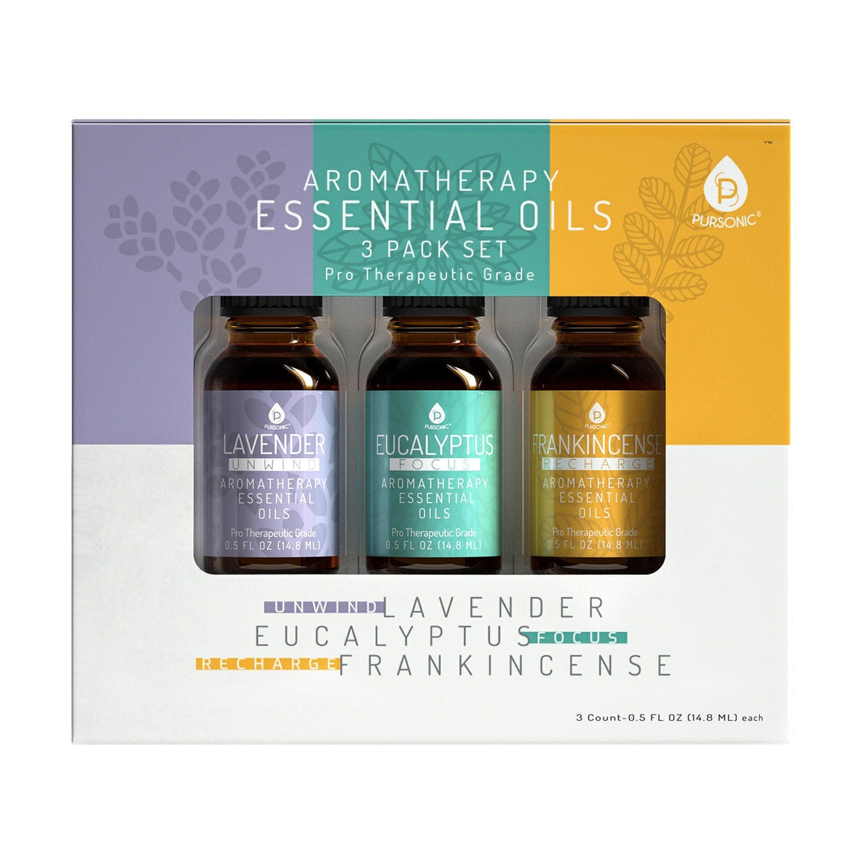 3 Pack Aromatherapy Essential oils (Lavender, Eucalyptus, Frankincense) from Pursonic