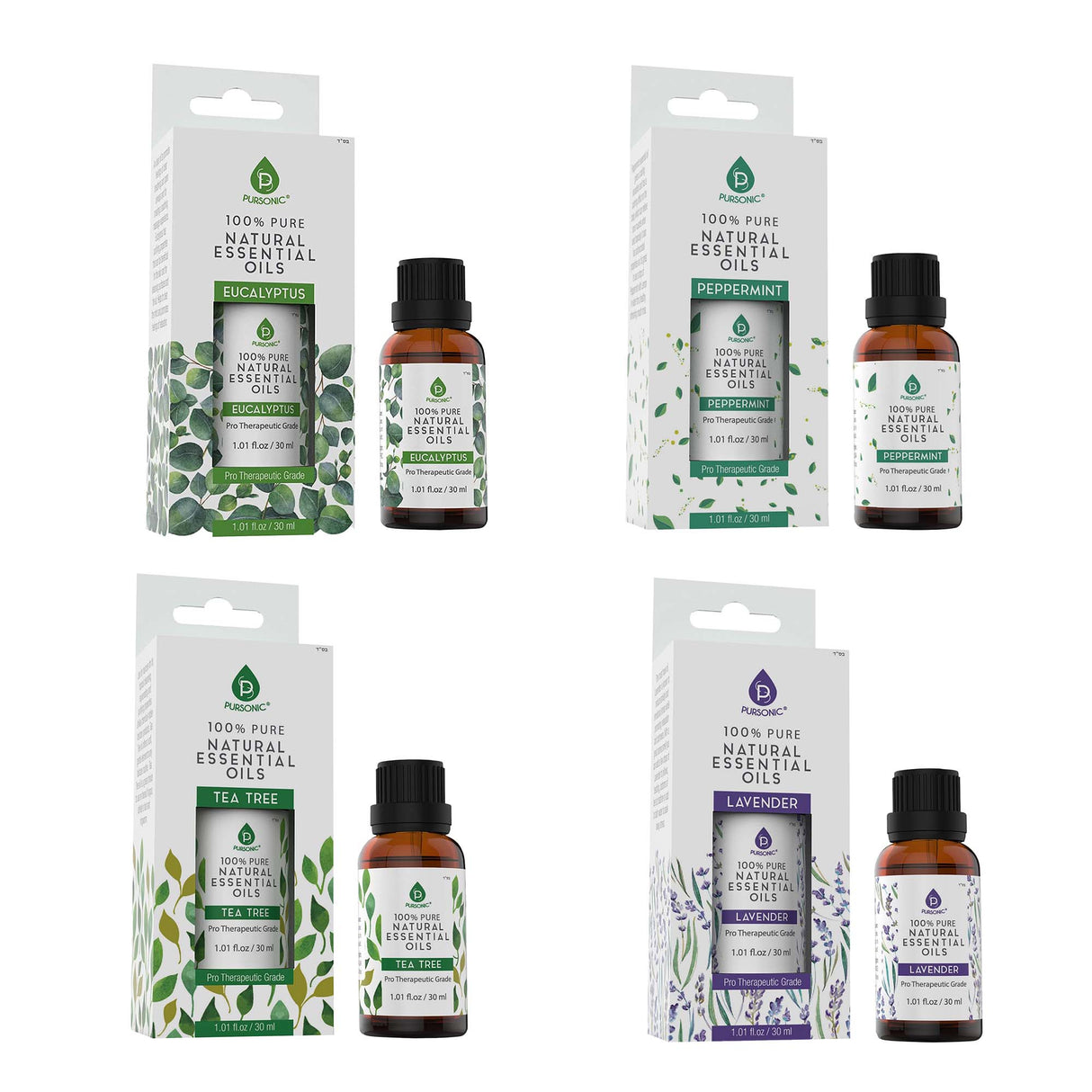 Pursonic 4-Pack Pure & Natural Essential Oils Collection – Eucalyptus, Lavender, Tea Tree, and Peppermint from Pursonic