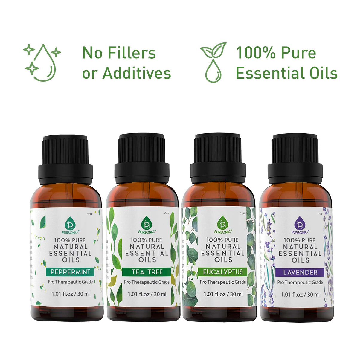 Pursonic 4-Pack Pure & Natural Essential Oils Collection – Eucalyptus, Lavender, Tea Tree, and Peppermint from Pursonic