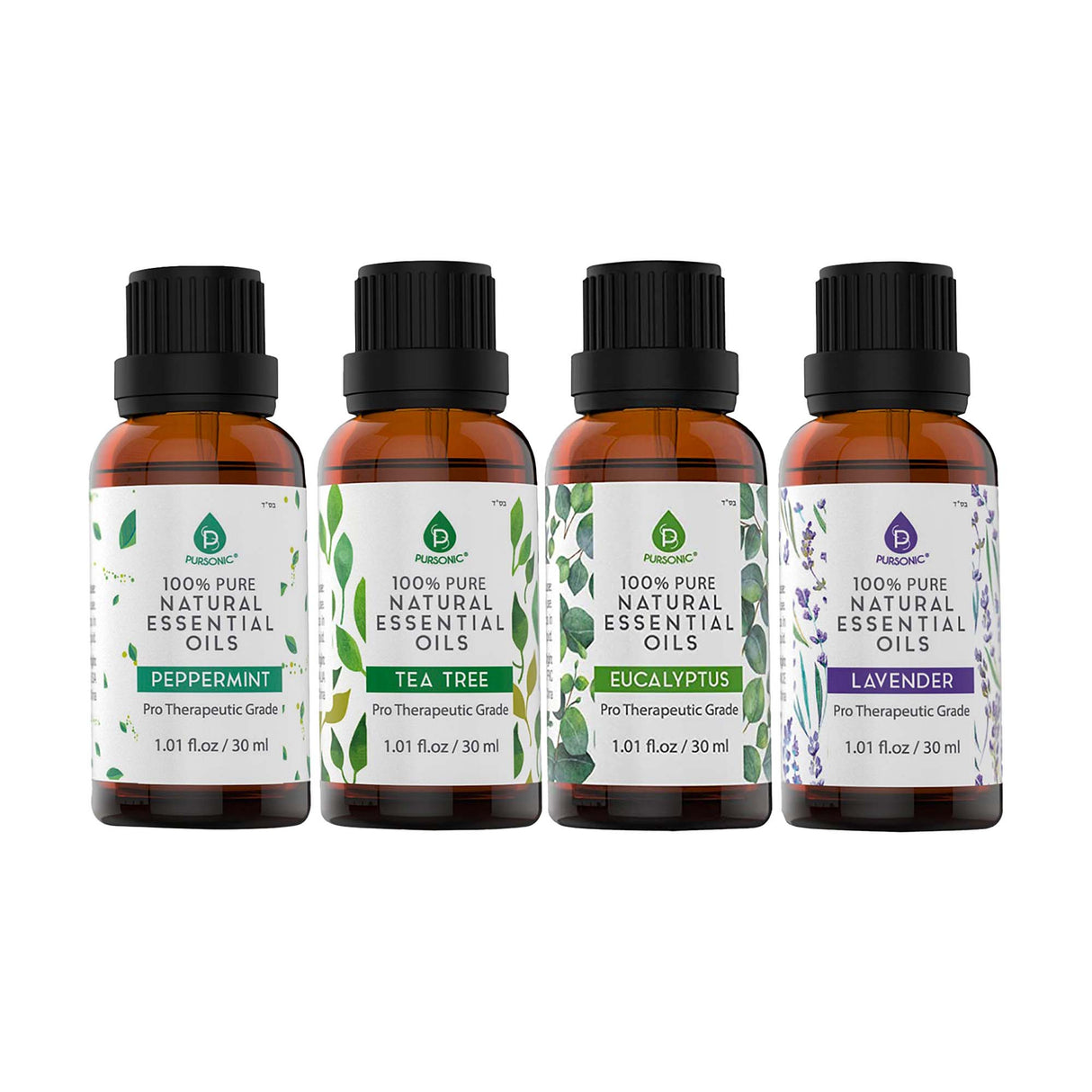 Pursonic 4-Pack Pure & Natural Essential Oils Collection – Eucalyptus, Lavender, Tea Tree, and Peppermint from Pursonic