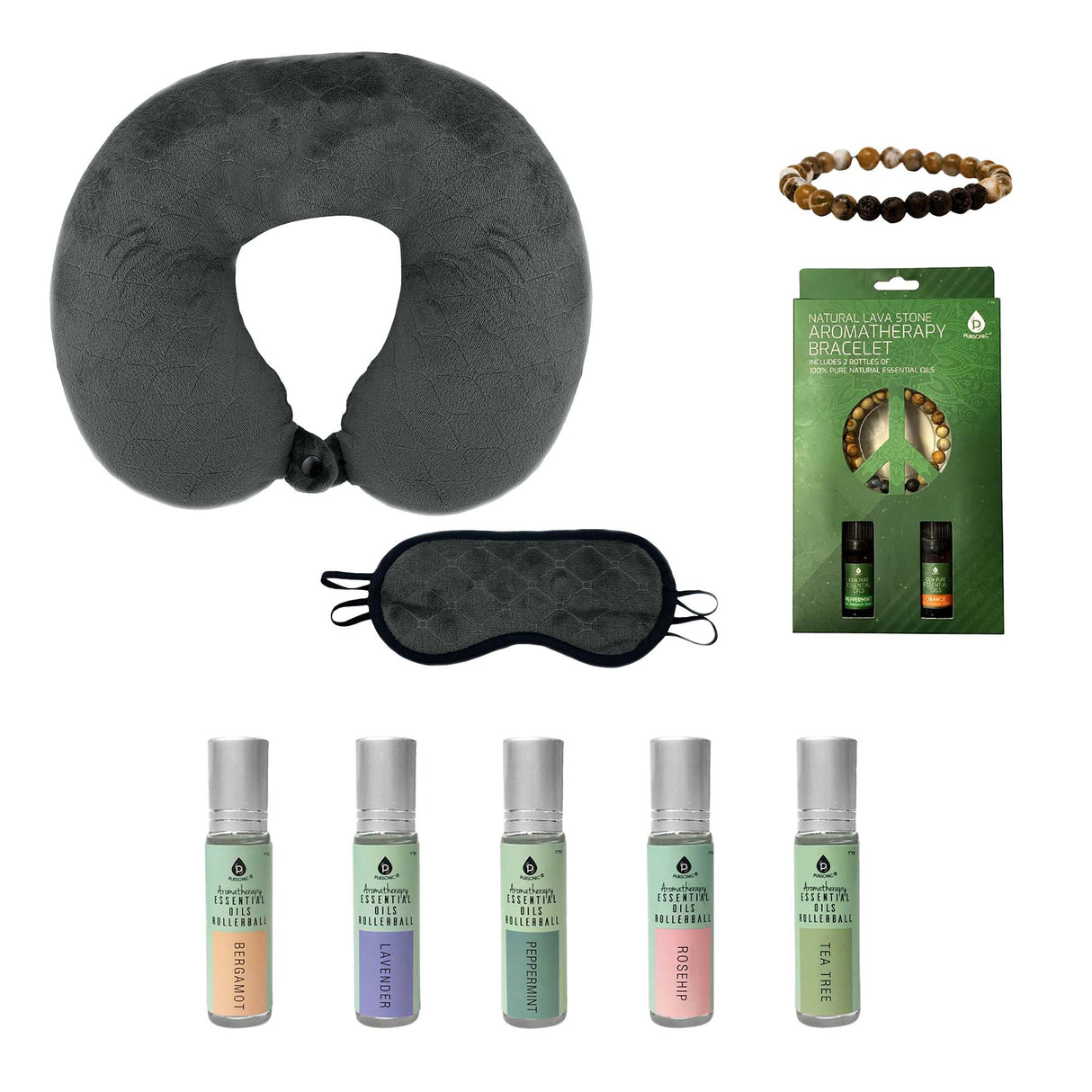 Sleep Serenity Set: Pursonic Aromatherapy Essential Oils Rollerballs, Lava Stone Bracelet, and Memory Foam Travel Pillow with Sleep Mask from Pursonic