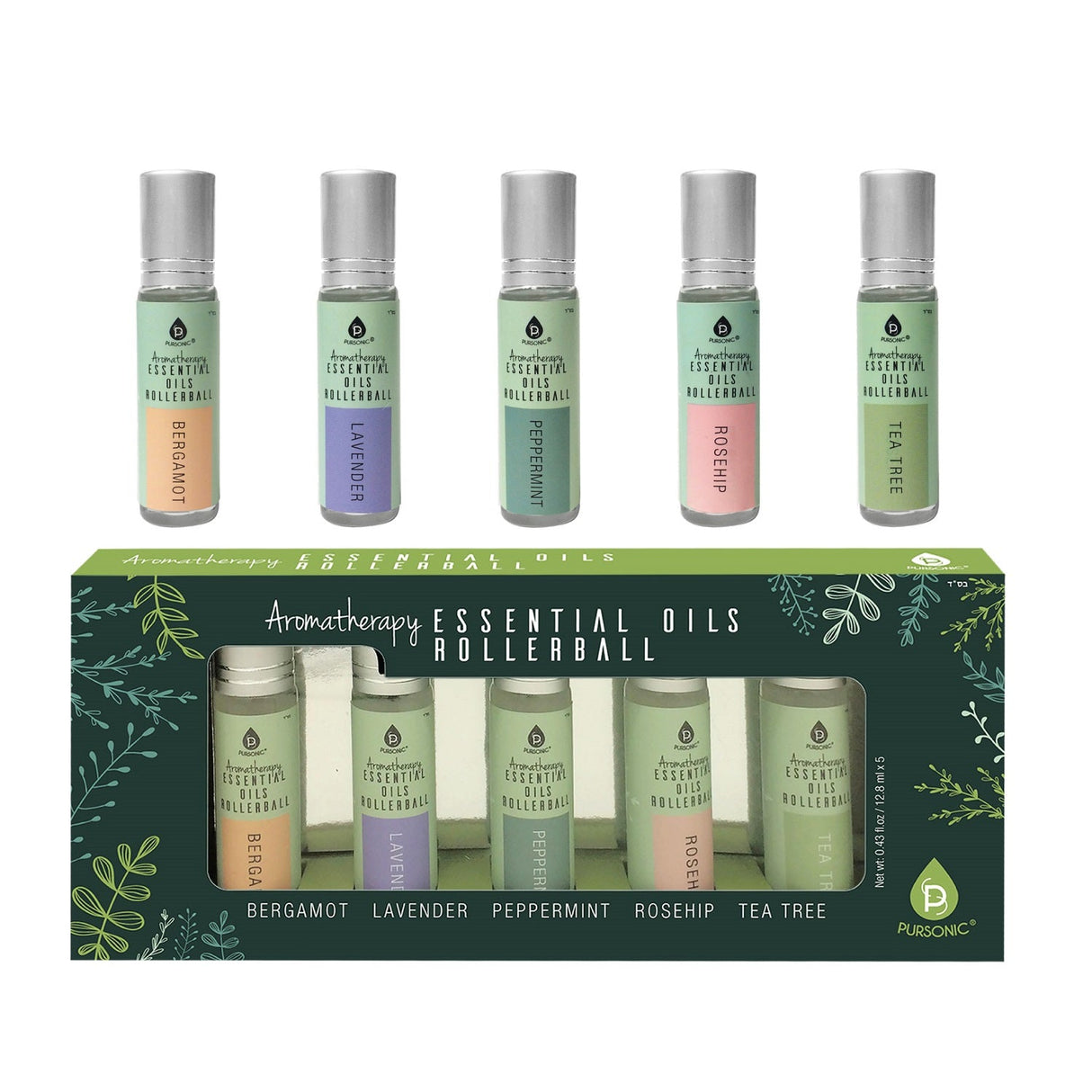 Aromatherapy Essential Oils Rollerballs (Bergamot, Lavender, Peppermint, Rosehip, Tea Tree) from Pursonic