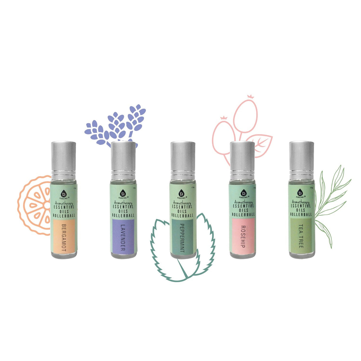 Aromatherapy Essential Oils Rollerballs (Bergamot, Lavender, Peppermint, Rosehip, Tea Tree) from Pursonic