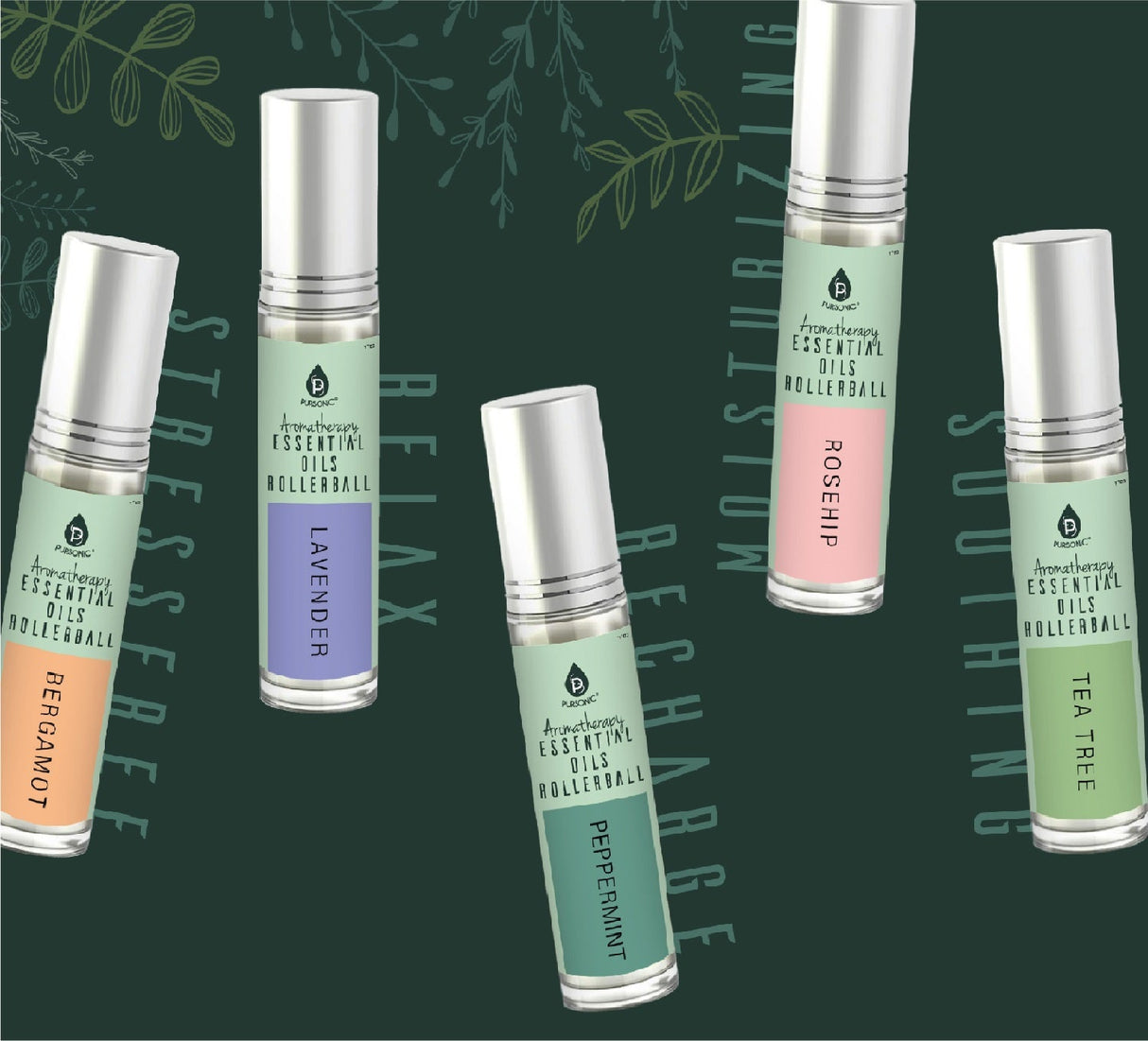 Aromatherapy Essential Oils Rollerballs (Bergamot, Lavender, Peppermint, Rosehip, Tea Tree) from Pursonic