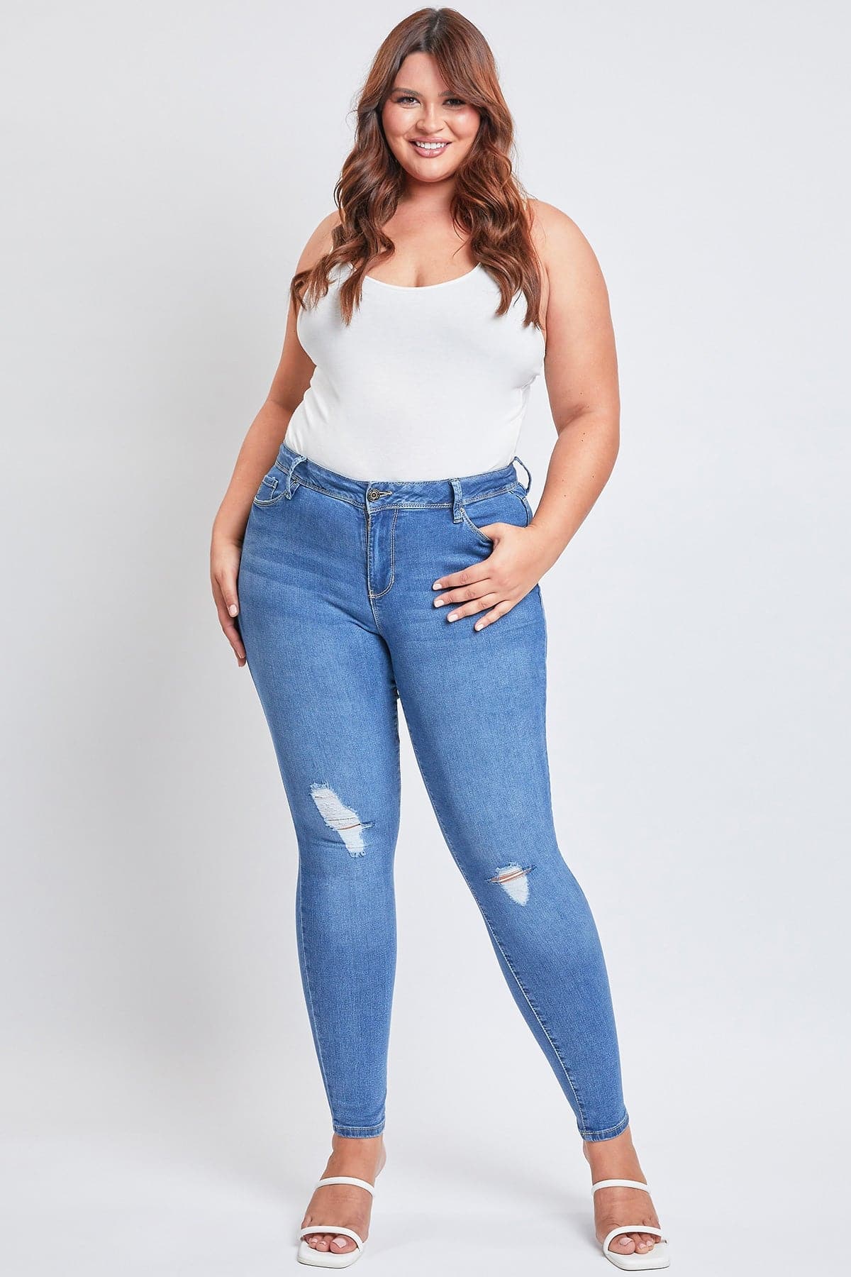 Women's Plus Essential Sustainable Distressed Skinny Jeans  From YMI JEANS
