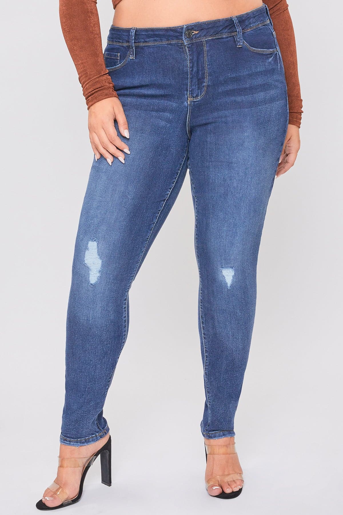 Women's Plus Essential Sustainable Distressed Skinny Jeans  From YMI JEANS