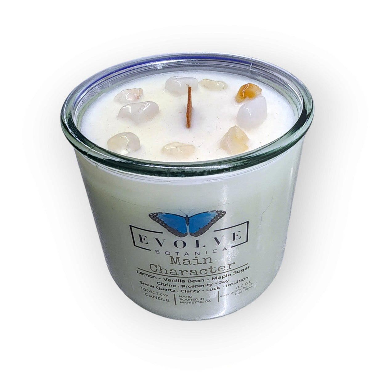 Rocks Candle - Main Character (Wood Wick Citrine & Snow Quartz Gemstone Soy Candle) from Evolve Botanica