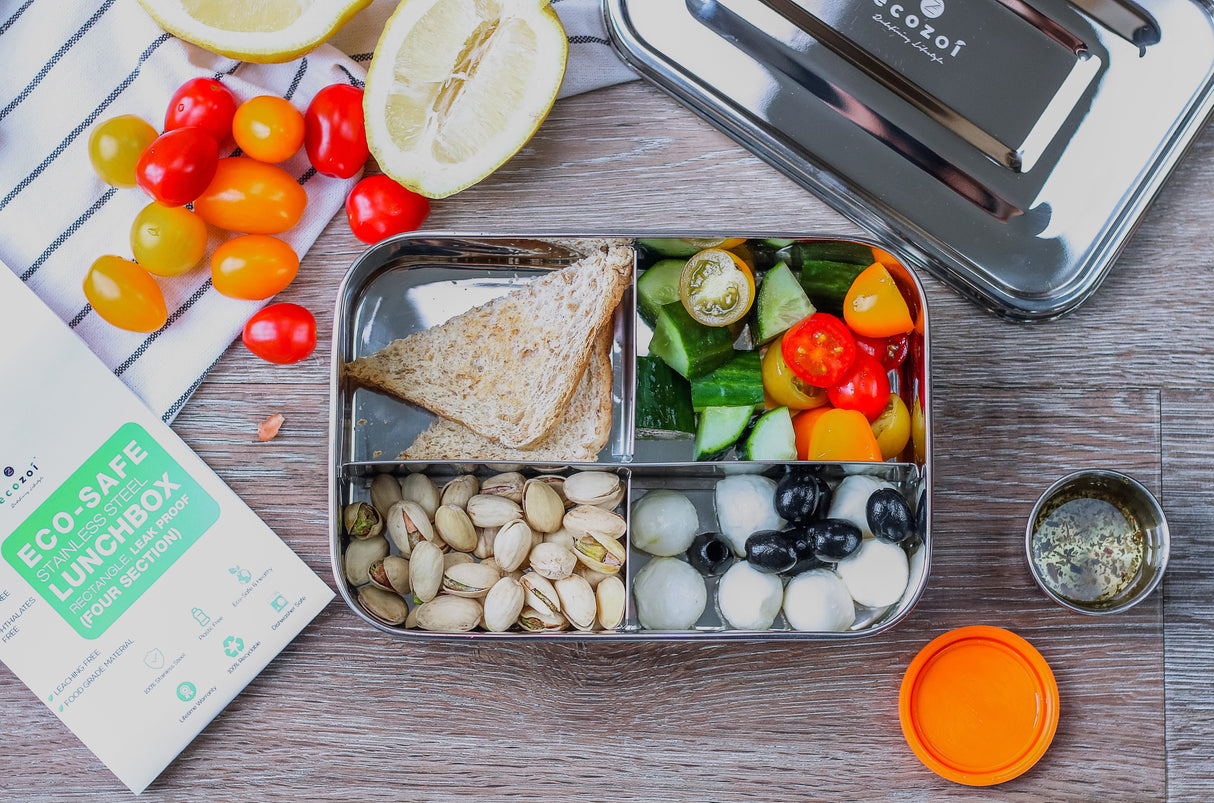 STAINLESS STEEL LUNCH BOX, 4 COMPARTMENT MICROWAVABLE, 50 OZ from ecozoi