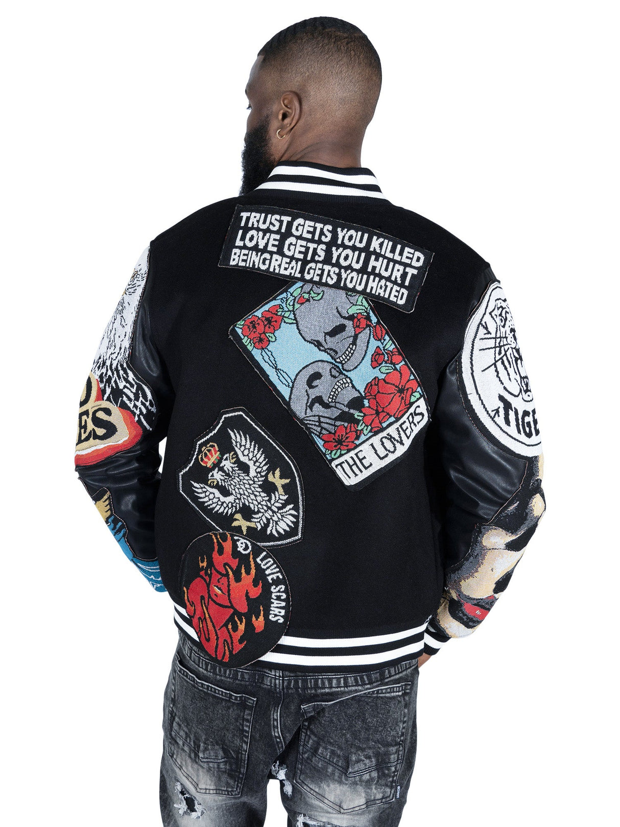 F1005 Love Scars Varsity Jacket - Black From Makobi Jeans USA