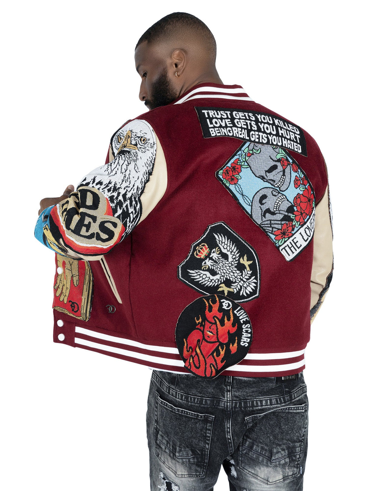 F1005 Love Scars Varsity Jacket - Burgundy From Makobi Jeans USA