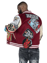F1005 Love Scars Varsity Jacket - Burgundy From Makobi Jeans USA