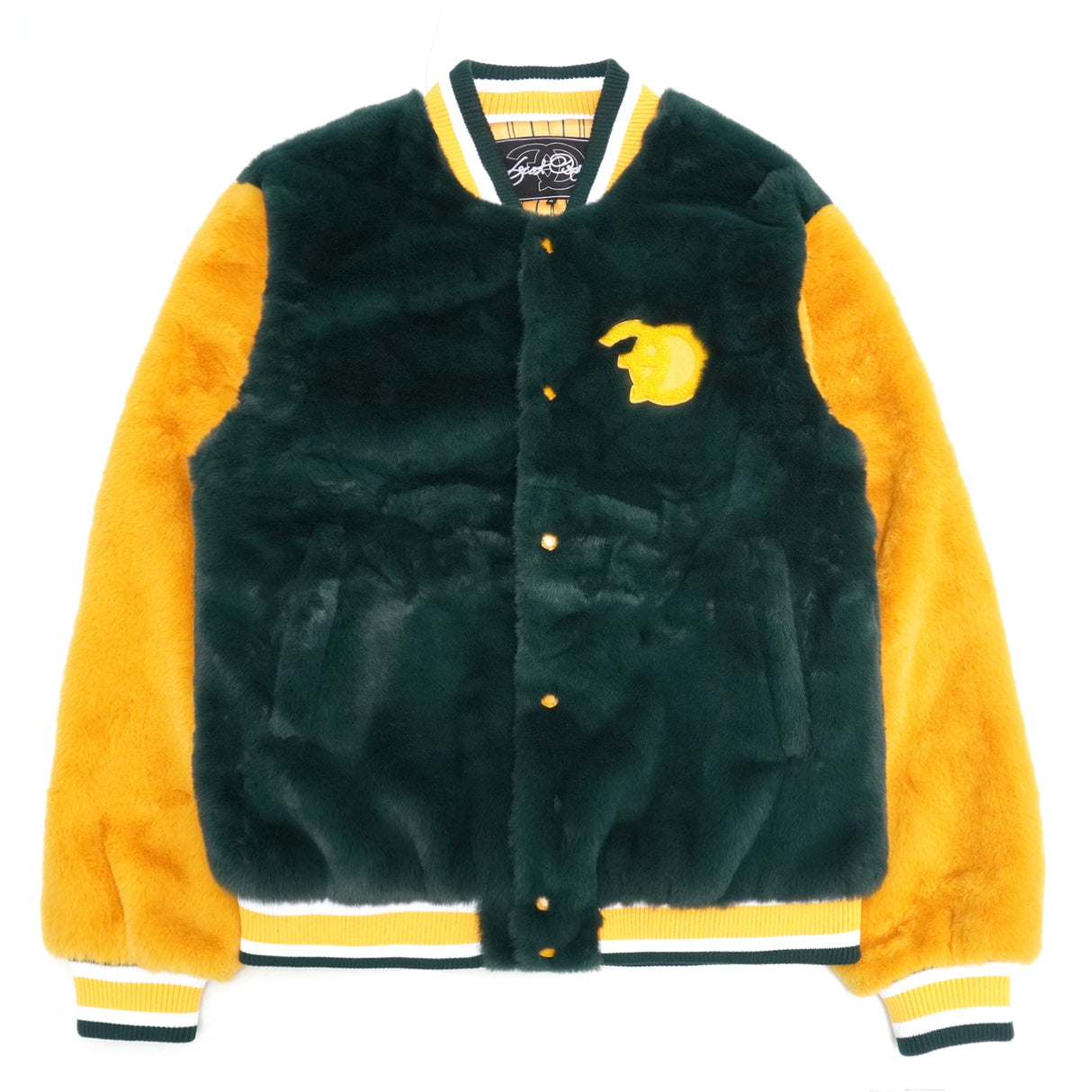 F1010 Marc Rabbit Fur Varsity Jacket - Green From Makobi Jeans USA