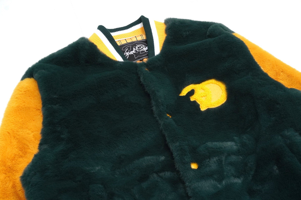 F1010 Marc Rabbit Fur Varsity Jacket - Green From Makobi Jeans USA