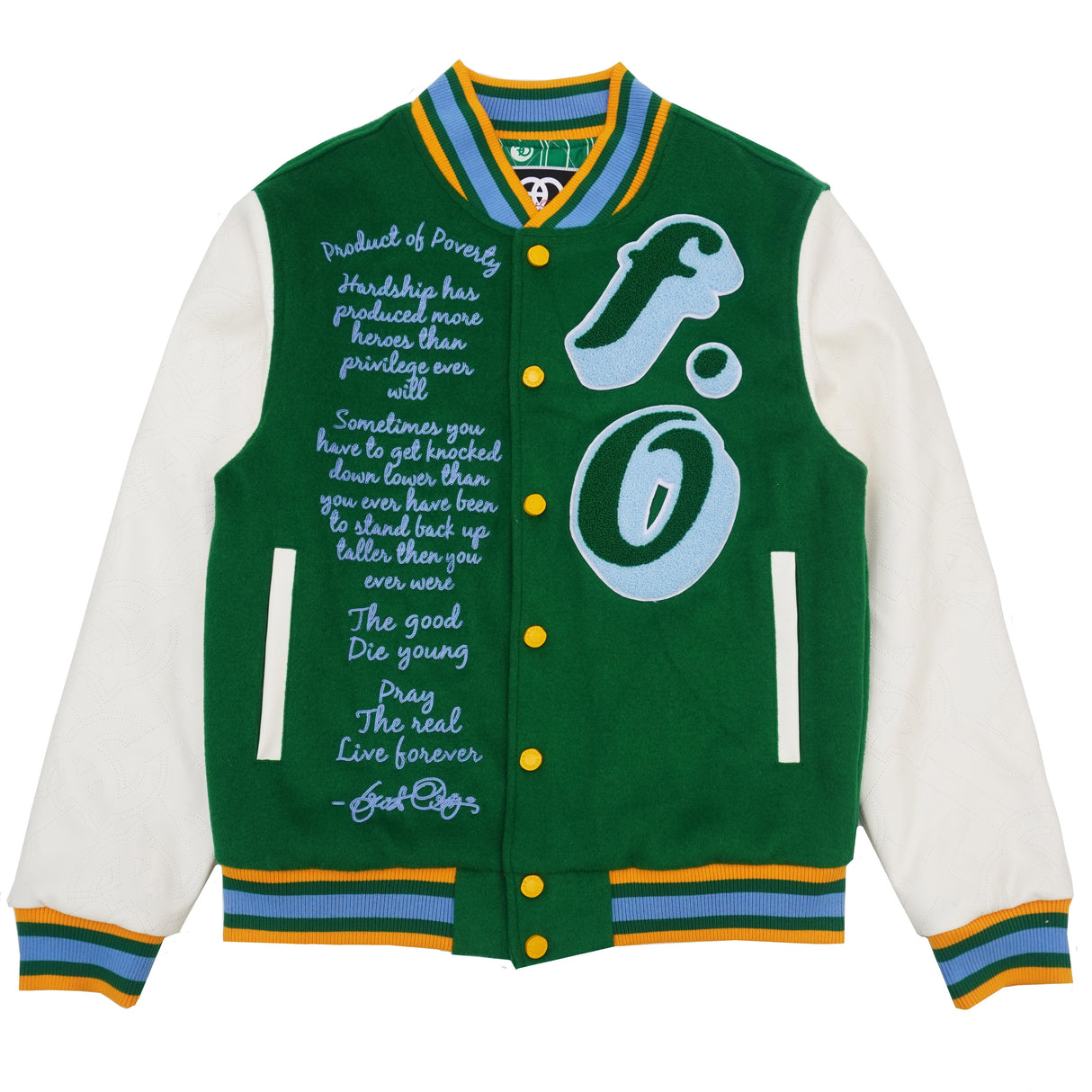 F1026 Product of Poverty Varsity Jacket - Green From Makobi Jeans USA