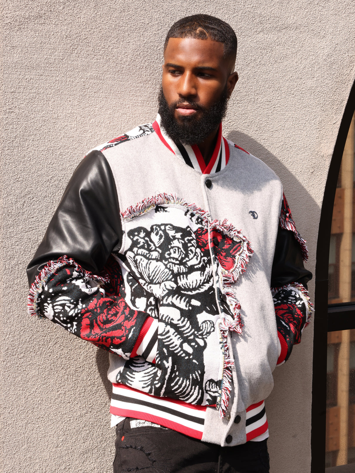 F1034 Cashay Varsity Jacket - Gray From Makobi Jeans USA
