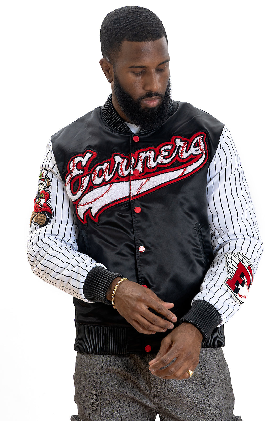 F1047 Earners League Satin Varsity Jacket - Black From Makobi Jeans USA
