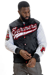 F1047 Earners League Satin Varsity Jacket - Black From Makobi Jeans USA