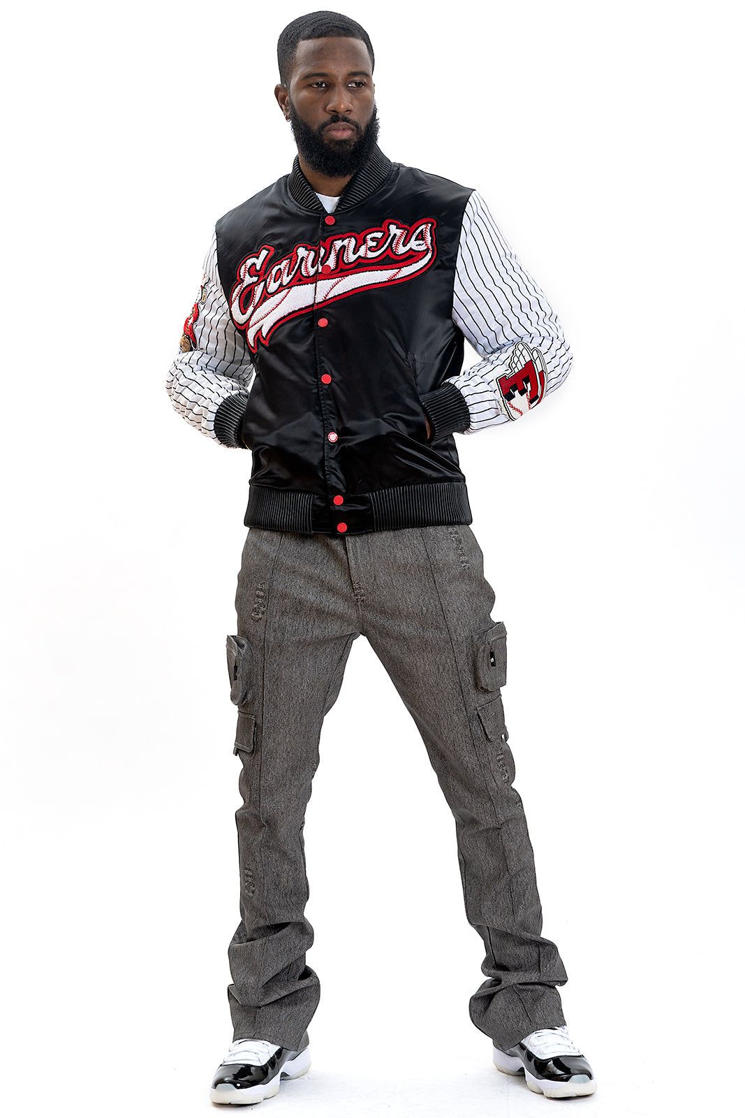 F1047 Earners League Satin Varsity Jacket - Black From Makobi Jeans USA